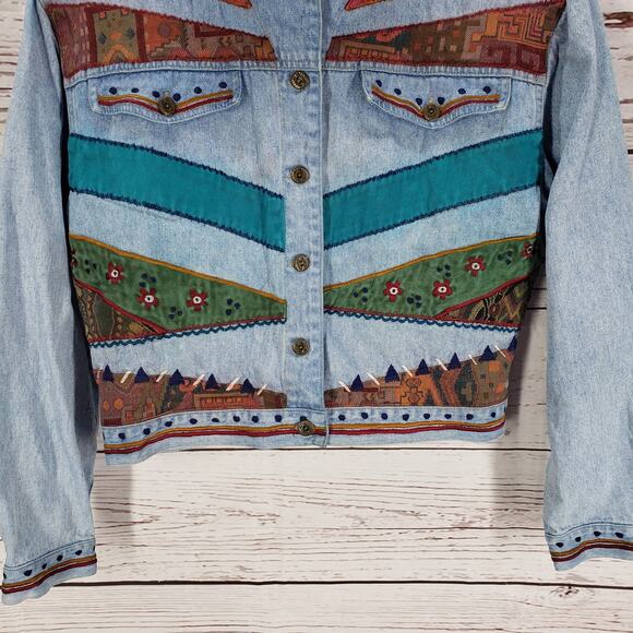 Petite Sophisticate Denim Patchwork Embroidered Crop Jacket Size Medium - Picture 4 of 14